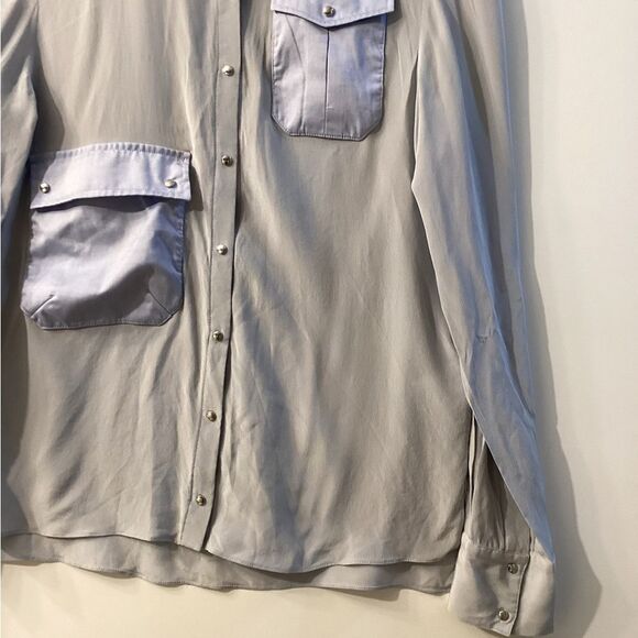 Altuzarra Silk Light Blue Button-Down Blouse Front Pockets Size 6 - Picture 4 of 11
